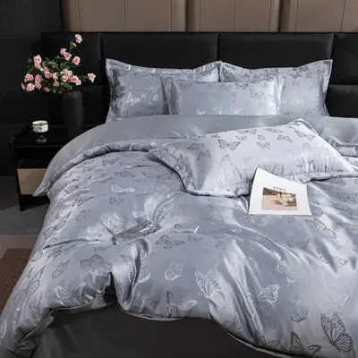 Jacquard Satin Four-Piece Set — Butterfly Love + Light Cloud Grey