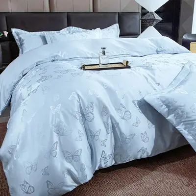 Jacquard Satin Four-Piece Set — Butterfly Love + Aqua Orchid
