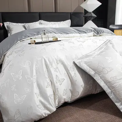 Jacquard Satin Four-Piece Set — Butterfly Love + White + Grey