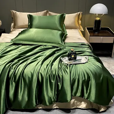 Tencel Mulberry Silk Four-Piece Set — Army Green + Gold
