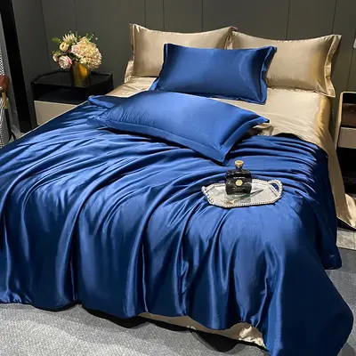 Tencel Mulberry Silk Four-Piece Set — Navy Blue + Gold