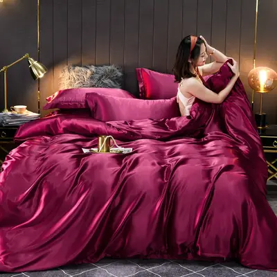 Tencel Mulberry Silk Four-Piece Set — Wine Red
